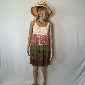 J Gee Boho Tiered Mesh Ruffle Dress Crochet Lace Top Pink Green Size cottage